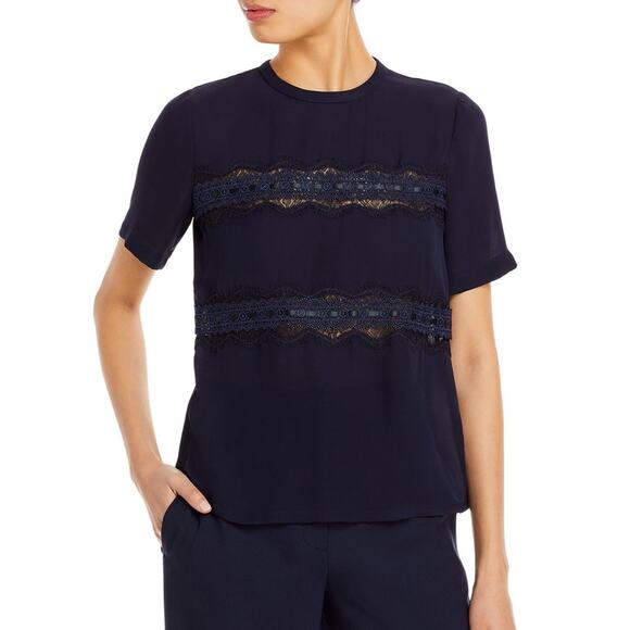 Rebecca Taylor Lace 100% Silk T Shirt Navy Blue Crew Neck Blouse Top NWT Size XS - Picture 1 of 8